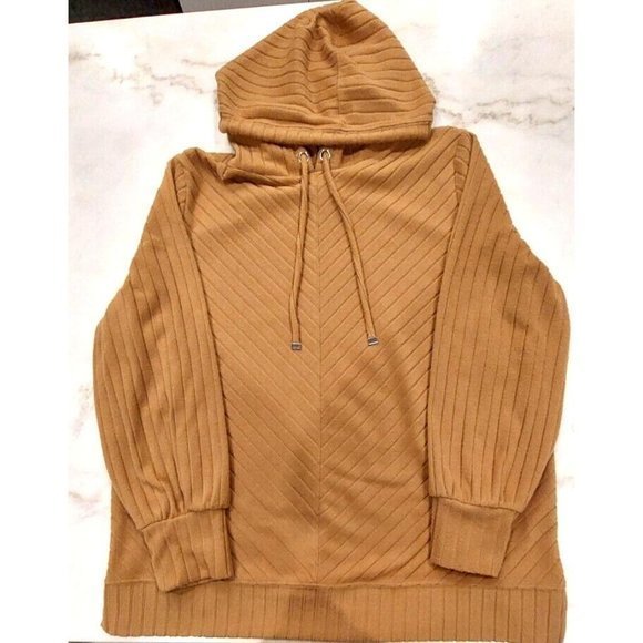 Nine West XXL Tunic Top Elson Tan Fleece Hoodie Striped Pullover Long Sleeve - Picture 2 of 7